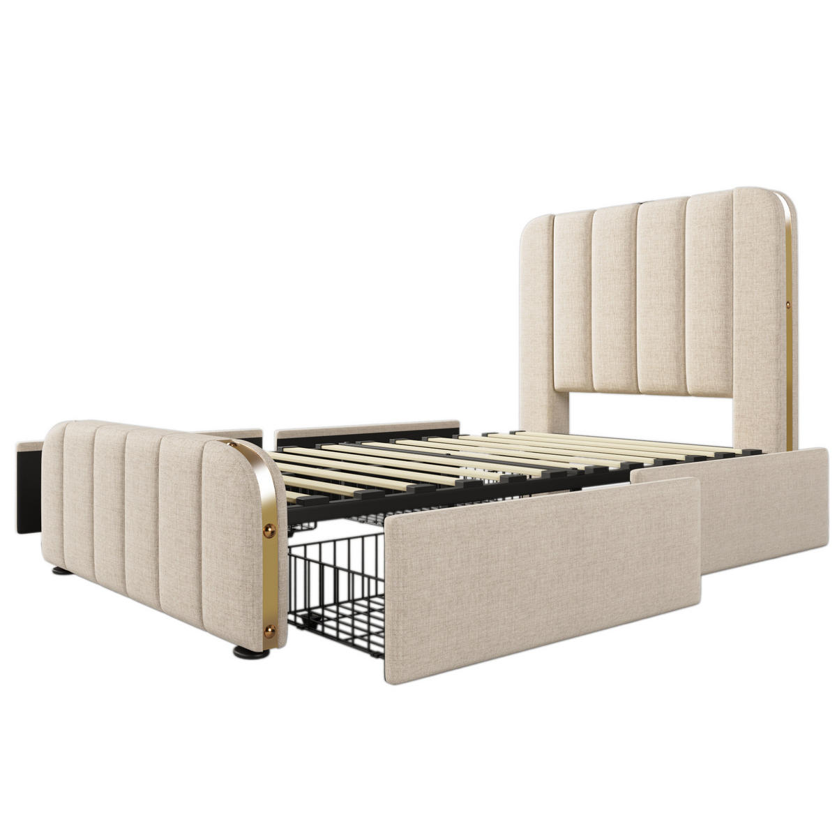 POLSTERBETT mit 4 Schubladen und USB/Typ-C 90x200 cm Beige Leinen - Beige, Metall (90/200cm) - Meubliv