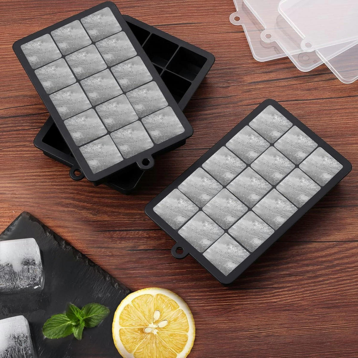 EISWÜRFELFORM 3er-Pack Schwarz mit Deckel - Schwarz, Kunststoff (12/3.5/20cm)