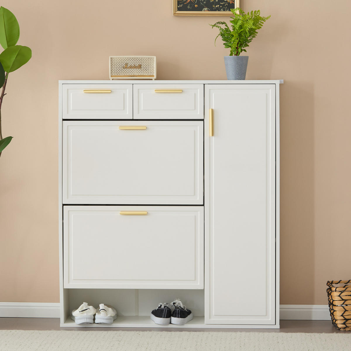 SCHUHSCHRANK Modern Goldgriffe Weiß 95x24x107.5cm - Weiß, Holzwerkstoff (24/107/95cm) - FLIEKS