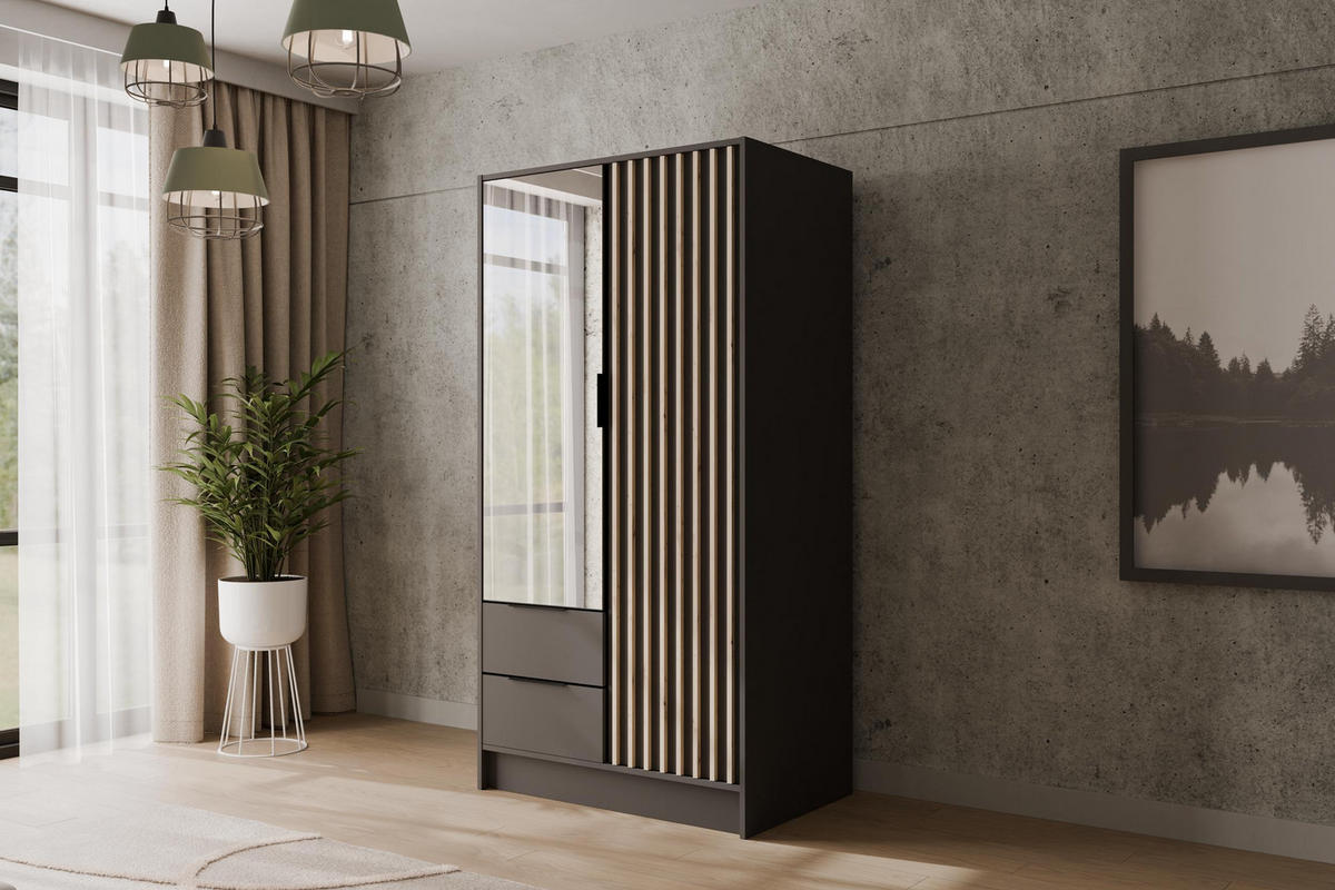 KLEIDERSCHRANK NELIA - 120 cm - Graphitfarben/Eiche Artisan, Holzwerkstoff (102/200/51cm) - ALTDECOR