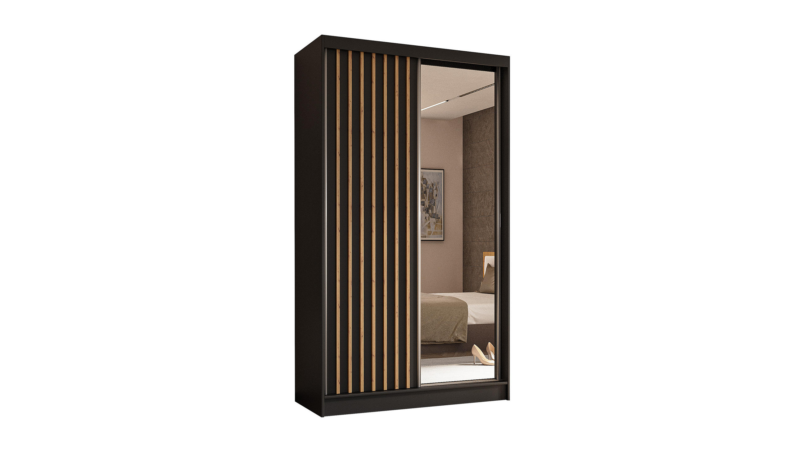 KLEIDERSCHRANK mit Spiegel-Schiebetüren und Aluminium-Leisten - LAMELO - 120 cm Schwarz+Schwarz+ Artisan - Schwarz/Eiche Artisan, Holzwerkstoff (120/216/61cm) - ALTDECOR