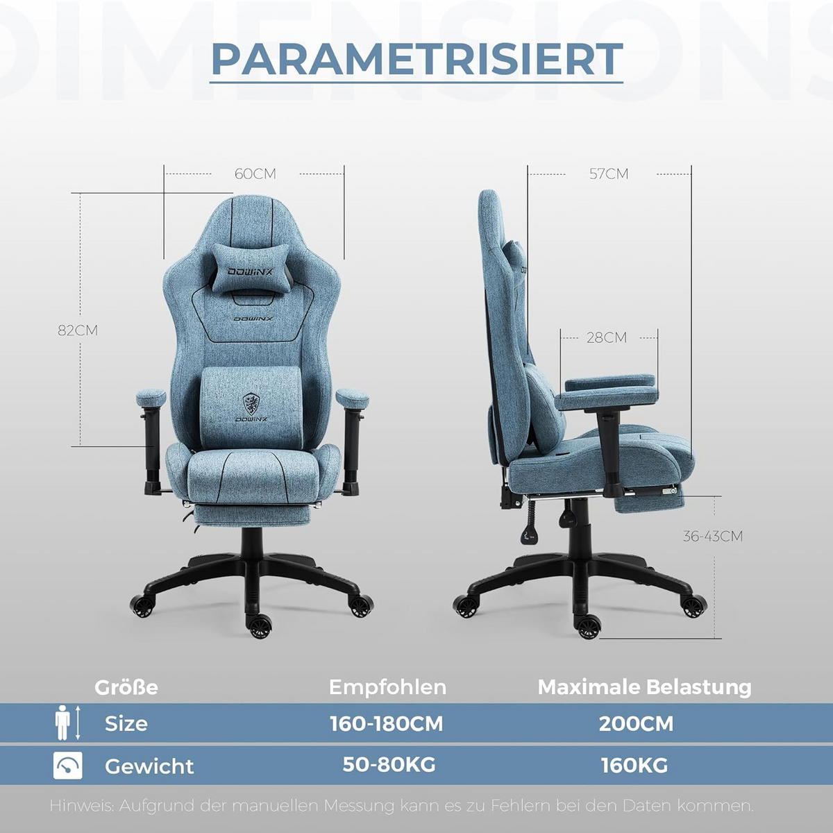 GAMING Stuhl Stoff & Taschenfederkissen PC Bürostuhl & Fußstützen - Blau, Textil (70/130/60cm)