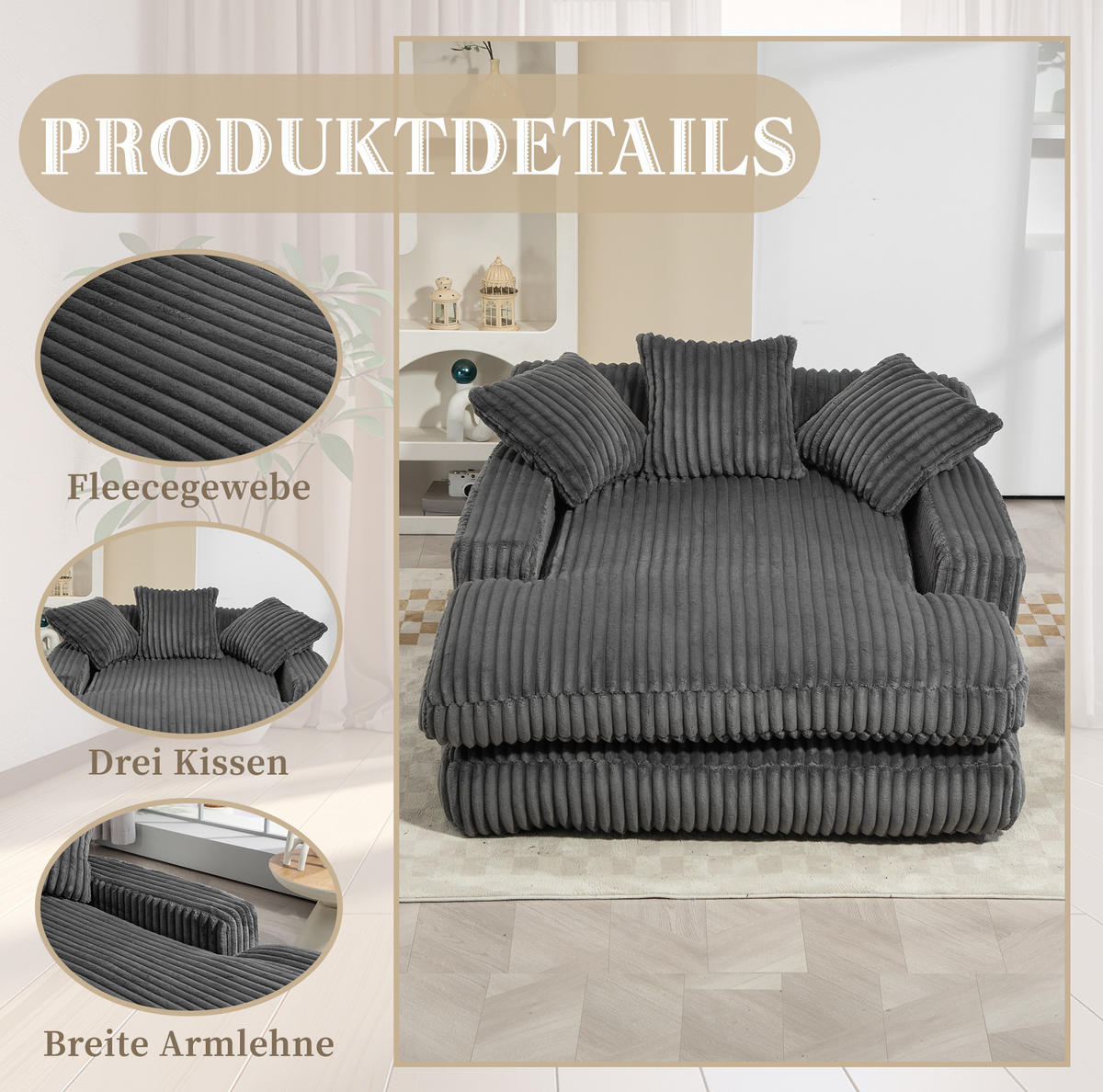 BIGSOFA 125/155/63 cm in Cord Dunkelgrau mit Chaiselongue - Dunkelgrau, Textil (63/125/155cm) - BEAOK