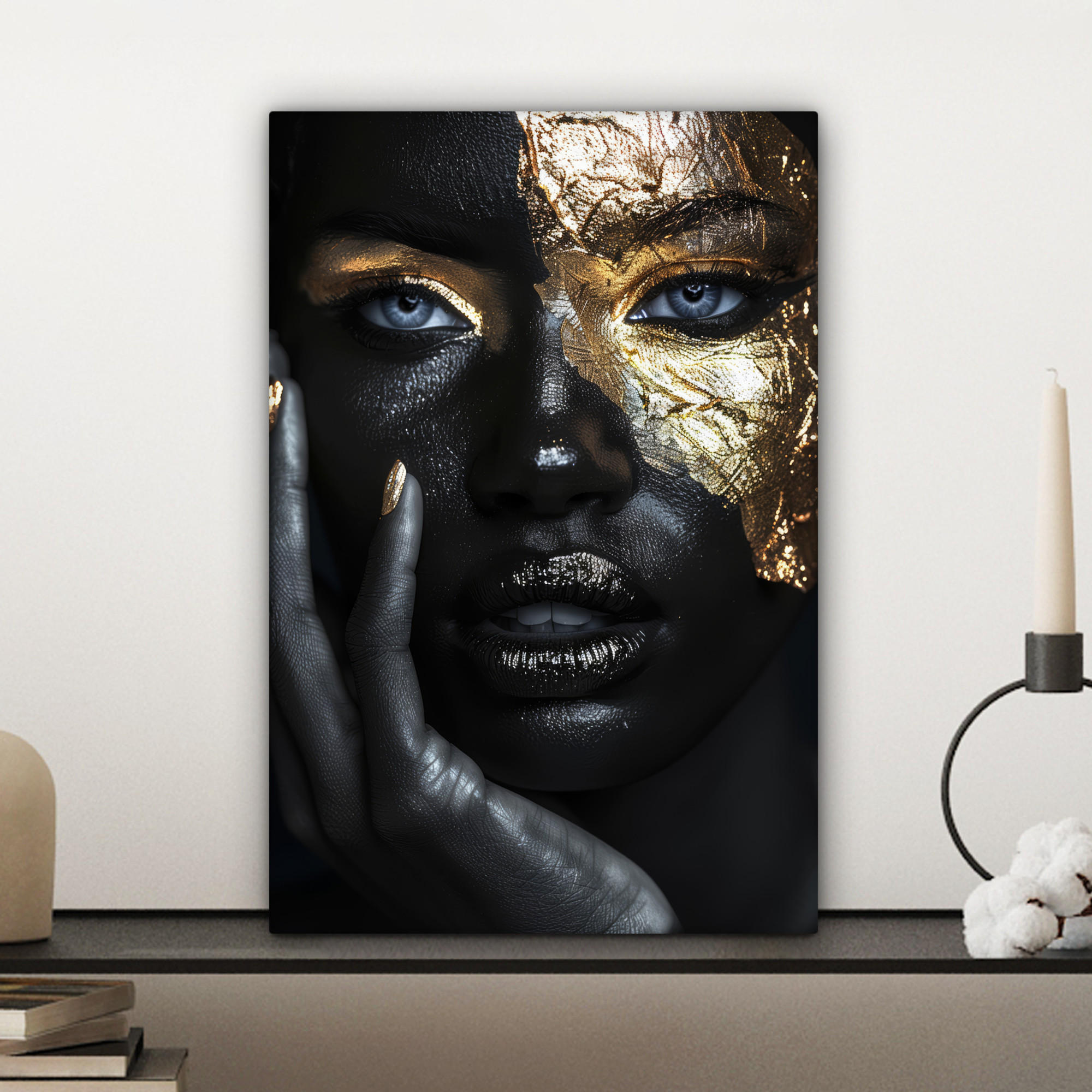LEINWANDBILD Frau - Gold - Porträt - Schwarz-Weiß - Luxus 20x30 cm - Hellblau, Textil (20/30cm) - MuchoWow