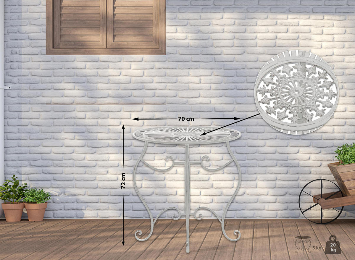 GARTENTISCH rund Ø70 cm Metall Antik Weiß - Weiß, Metall (70/70/72cm) - CLP