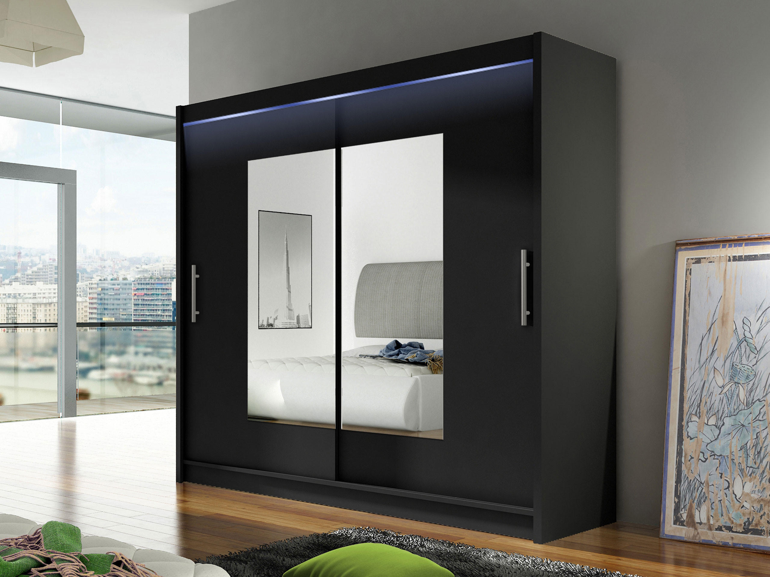 KLEIDERSCHRANK London VII, mit RGB LED Beleuchtung - Silberfarben/Schwarz, Holzwerkstoff/Kunststoff (180/215/58cm) - MIRJAN24