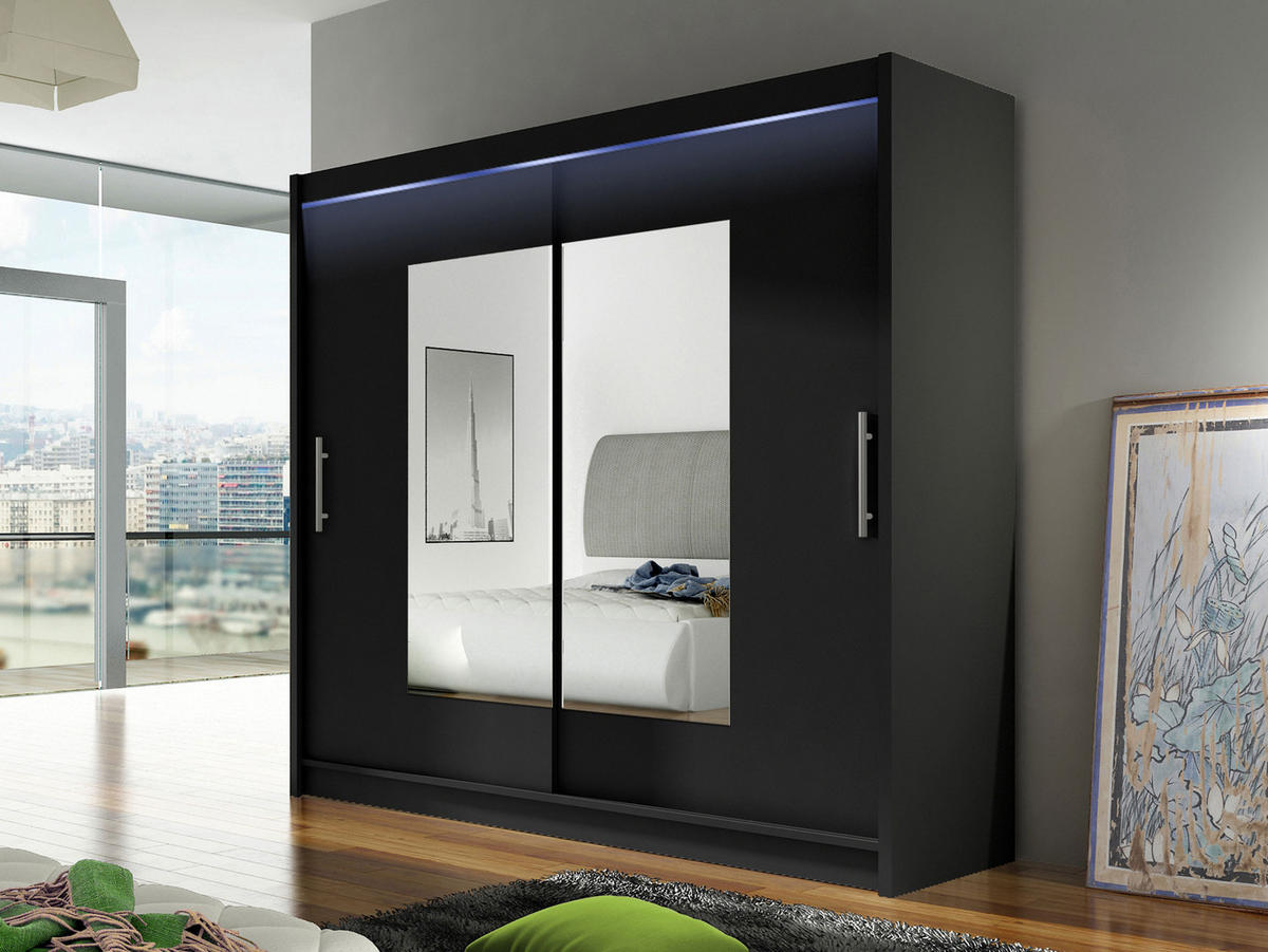 KLEIDERSCHRANK London VII, mit RGB LED Beleuchtung - Silberfarben/Schwarz, Holzwerkstoff/Kunststoff (180/215/58cm) - MIRJAN24