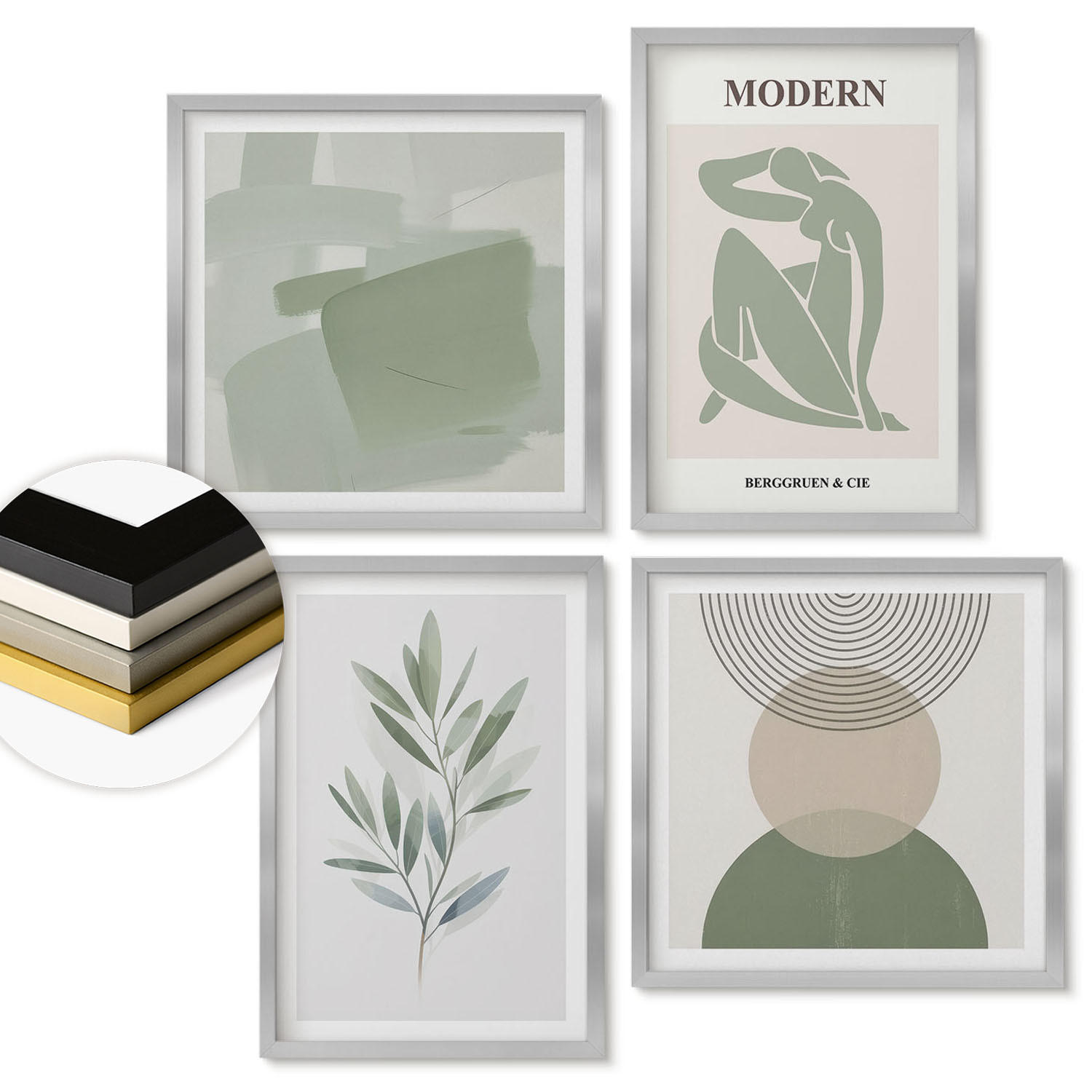 WANDBILDER 4er Set - 50x50 cm & 40x60 cm Silberner Rahmen - Stilvolle abstrakte Pflanzengrafiken - Silberfarben, Kunststoff (50/50cm) - ArtPrintCave