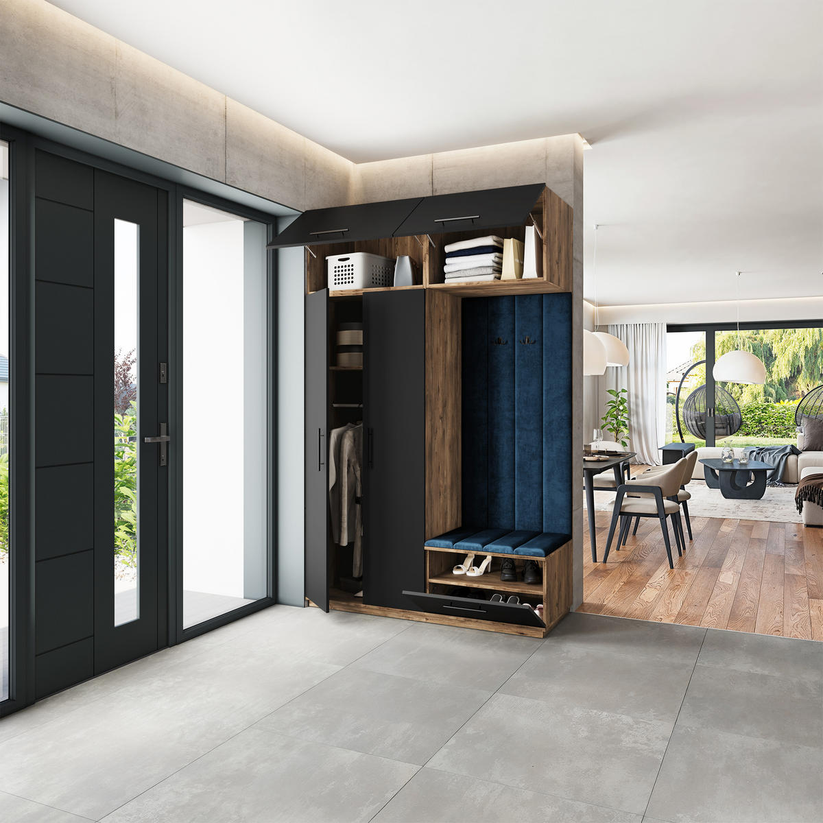 GARDEROBENSCHRANK REMA 150/240/60 cm Modern Garderobe-Set Eiche Lefkas - Blau/Eichefarben, Holzwerkstoff (150/240/60cm) - MASSENO