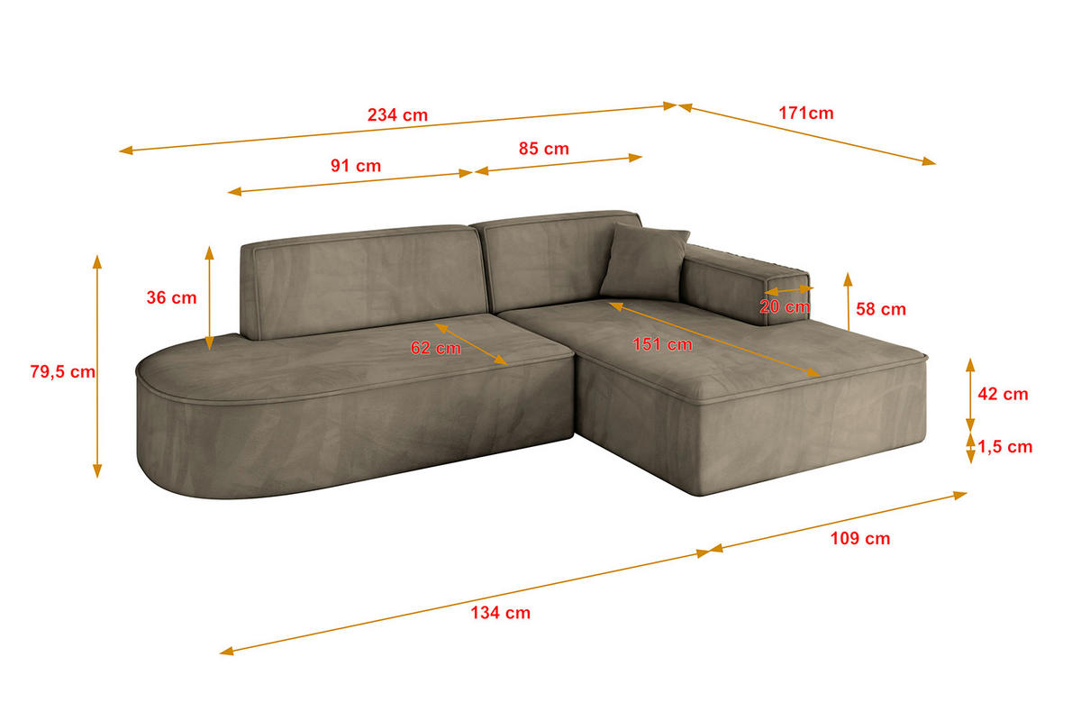 ECKSOFA Ottomane Rechts IREA-L1-v4 - 234x171x79 cm Braun - Braun, Holzwerkstoff/Textil (171/234cm) - ALTDECOR