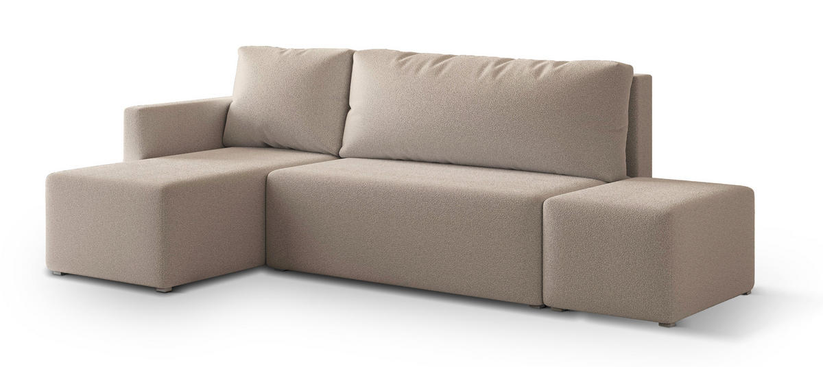 ECKSOFA VELOTTI L-S Beige Boucle-Stoff mit Schlaffunktion - Beige, Holz (261/143cm) - MASSENO