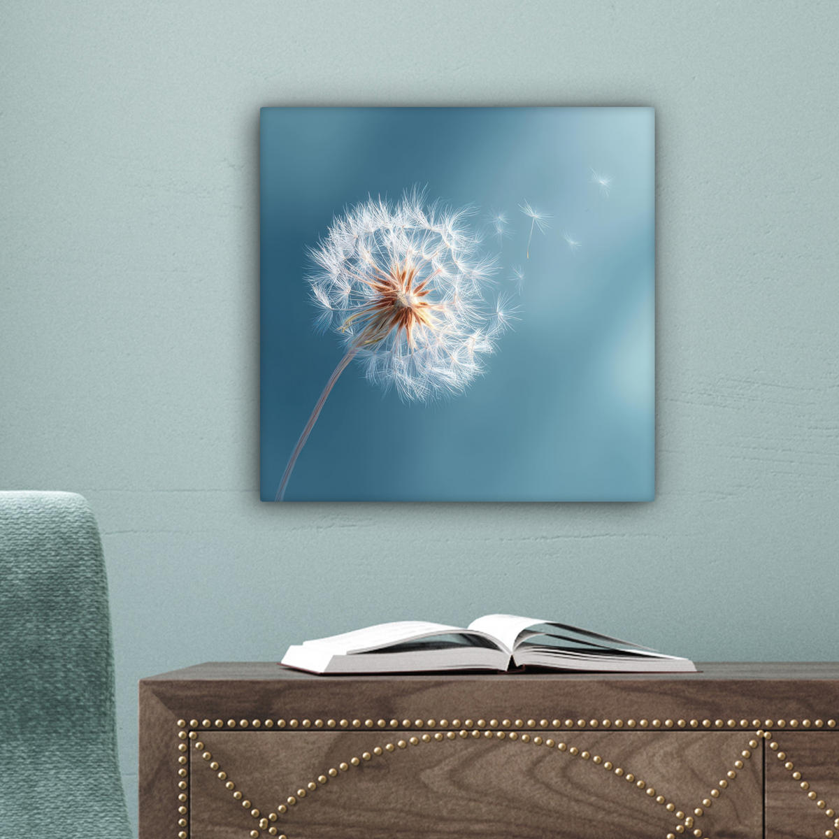 LEINWANDBILD Löwenzahn - Wind - Blau Deko Wohnzimmer 20x20 cm - Blaugrau, Textil (20/20cm) - MuchoWow