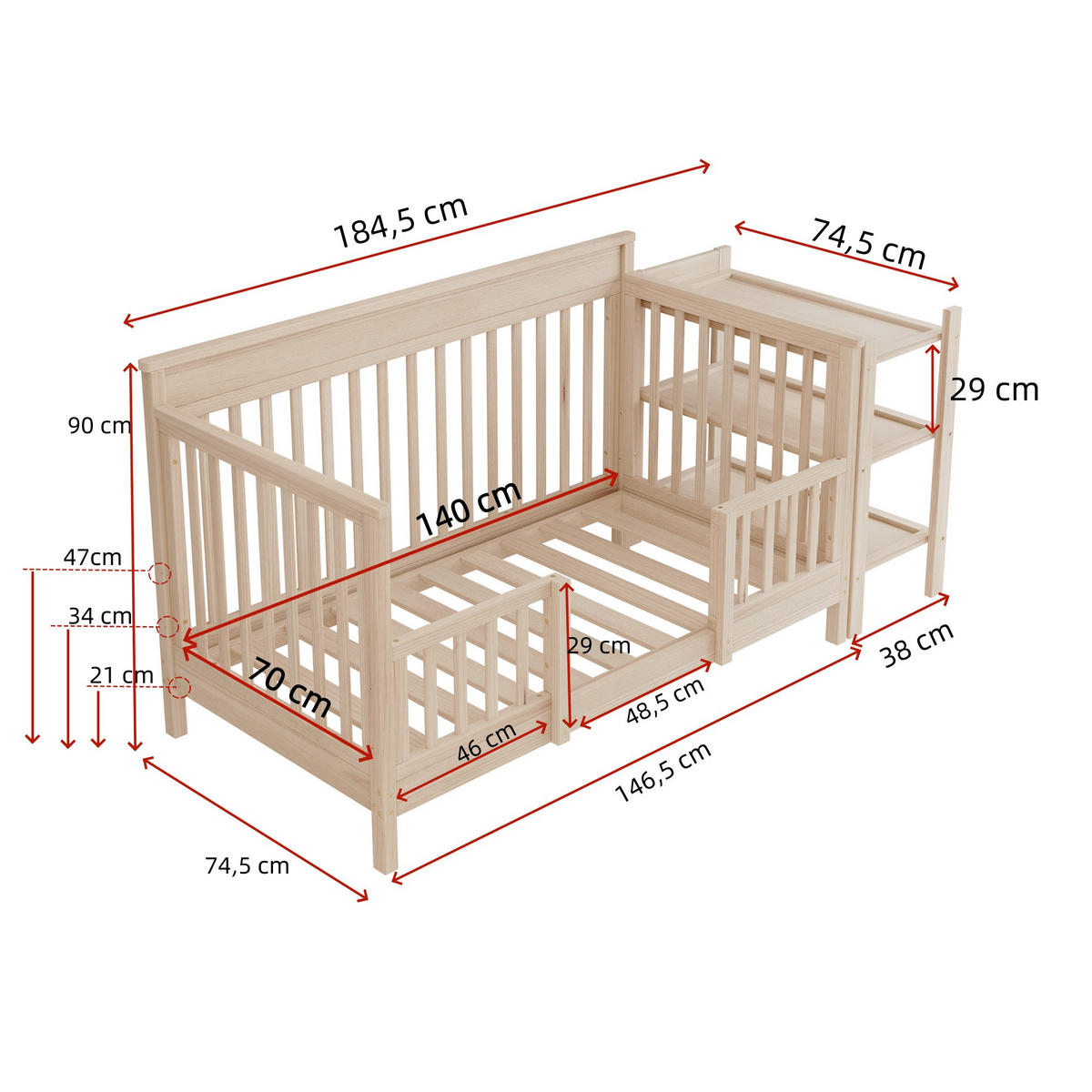 KINDERBETT 140/70 cm in Natur aus Kiefernholz mit Wickeltisch, Regal und Schutzgitter - Naturfarben, Holz/Holzwerkstoff (70/140cm) - WISHDOR