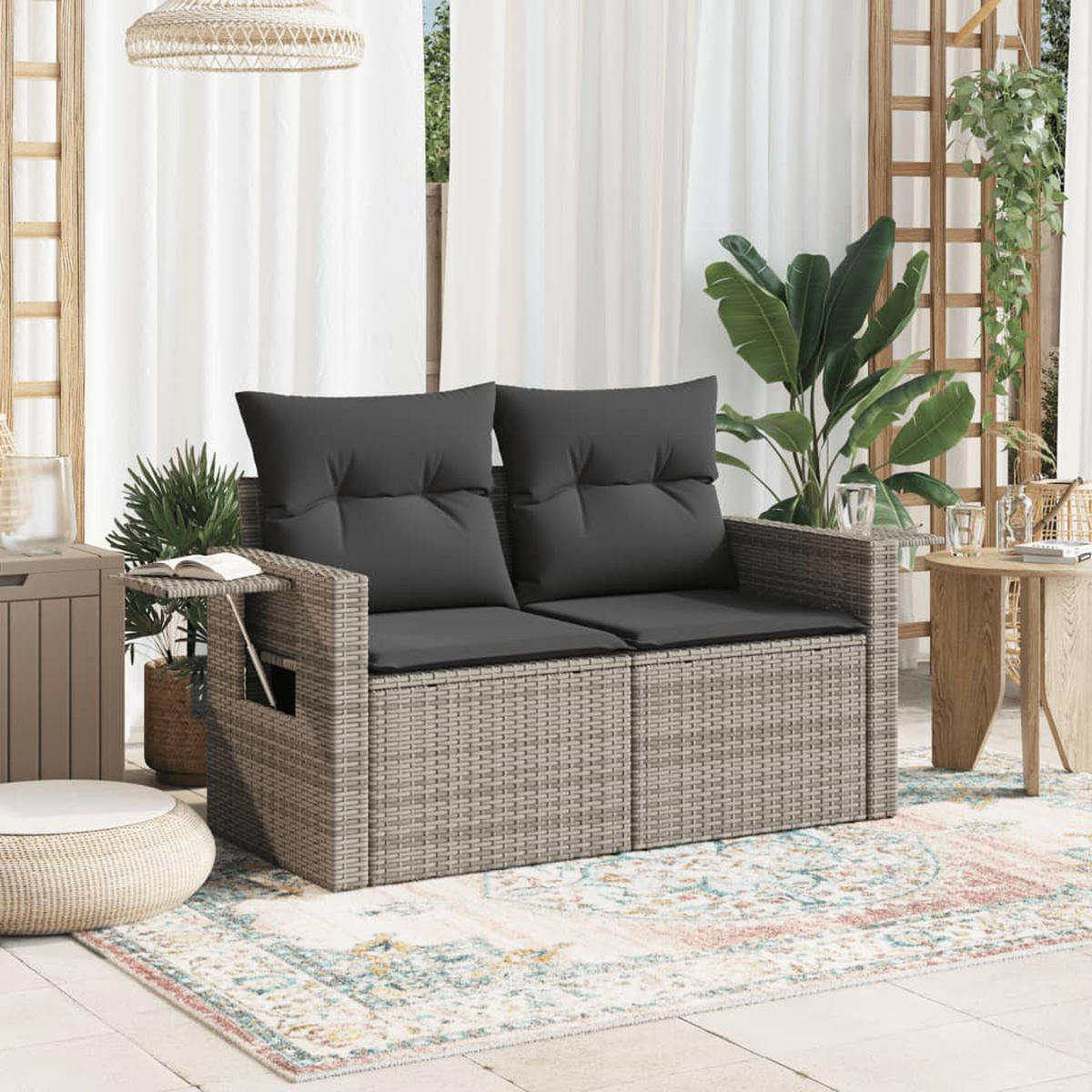 GARTENSOFA 2-Sitzer Mit Kissen Grau Poly Rattan - Grau, Kunststoff (124/69/62cm) - vidaXL