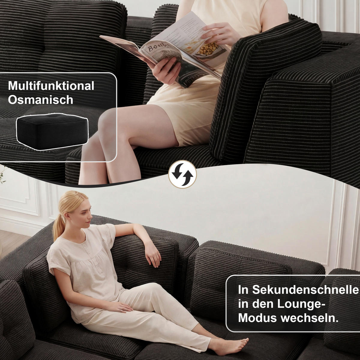ECKSOFA aus Cord mit modularem Design Schwarz - Schwarz, Textil (104/177cm) - Modenvie