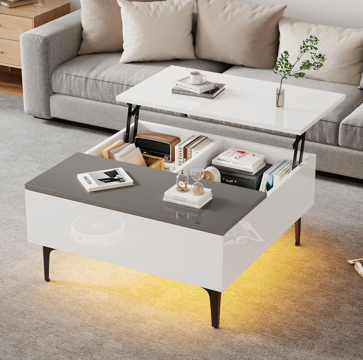 COUCHTISCH aus MDF 70x70x35 cm Weiß/Grau mit höhenverstellbarer Platte, Schublade und LED-Beleuchtung - Weiß, Holzwerkstoff (70/70/35cm) - Modfu