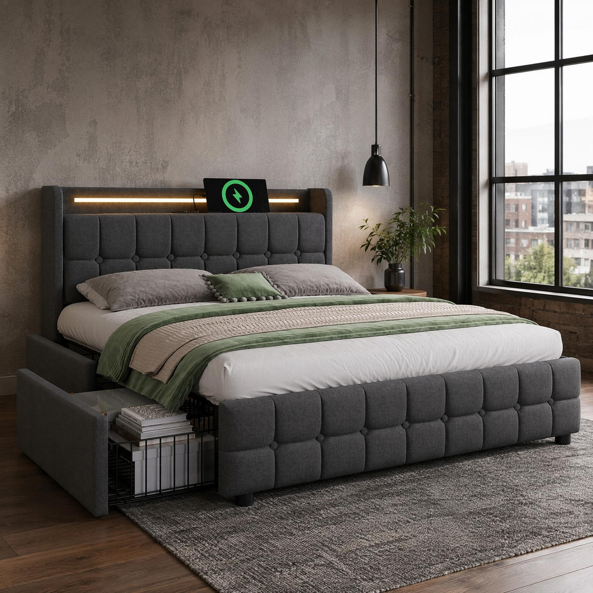 POLSTERBETT 160/200 cm in Grau mit Bettkasten, LED und USB - Grau, Holzwerkstoff/Textil (160/200cm) - CHICFURN