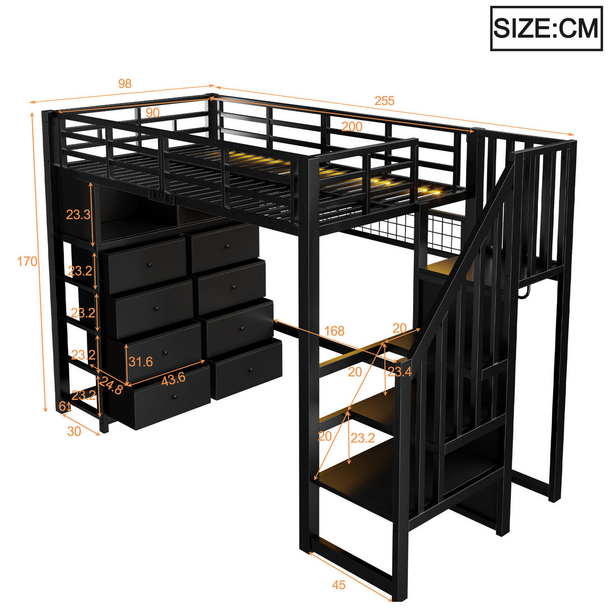 HOCHBETT Metall/MDF 90x200 cm Schwarz mit 8 Schubladen, Treppe, Kleiderschrank und LED - Schwarz, Holzwerkstoff (90/200cm) - Modfu