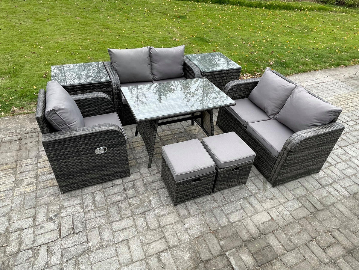 BALKONSET mit ESSTISCH SOFA Polyrattan Dunkelgrau 7-Sitzer - Dunkelgrau/Grau, Glas/Kunststoff - Fimous