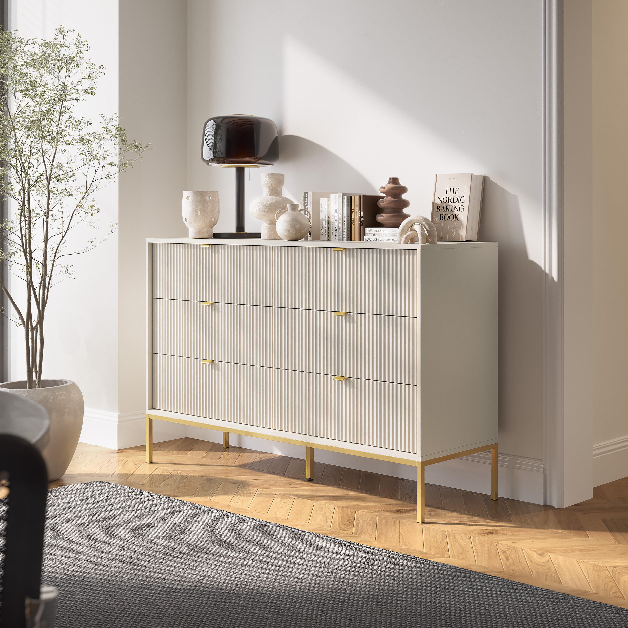 SIDEBOARD STELLARE 154/91/39cm mit 6 Schubladen Kaschmir - Kaschmir/Goldfarben, Holzwerkstoff (154/91/39cm) - MASSENO