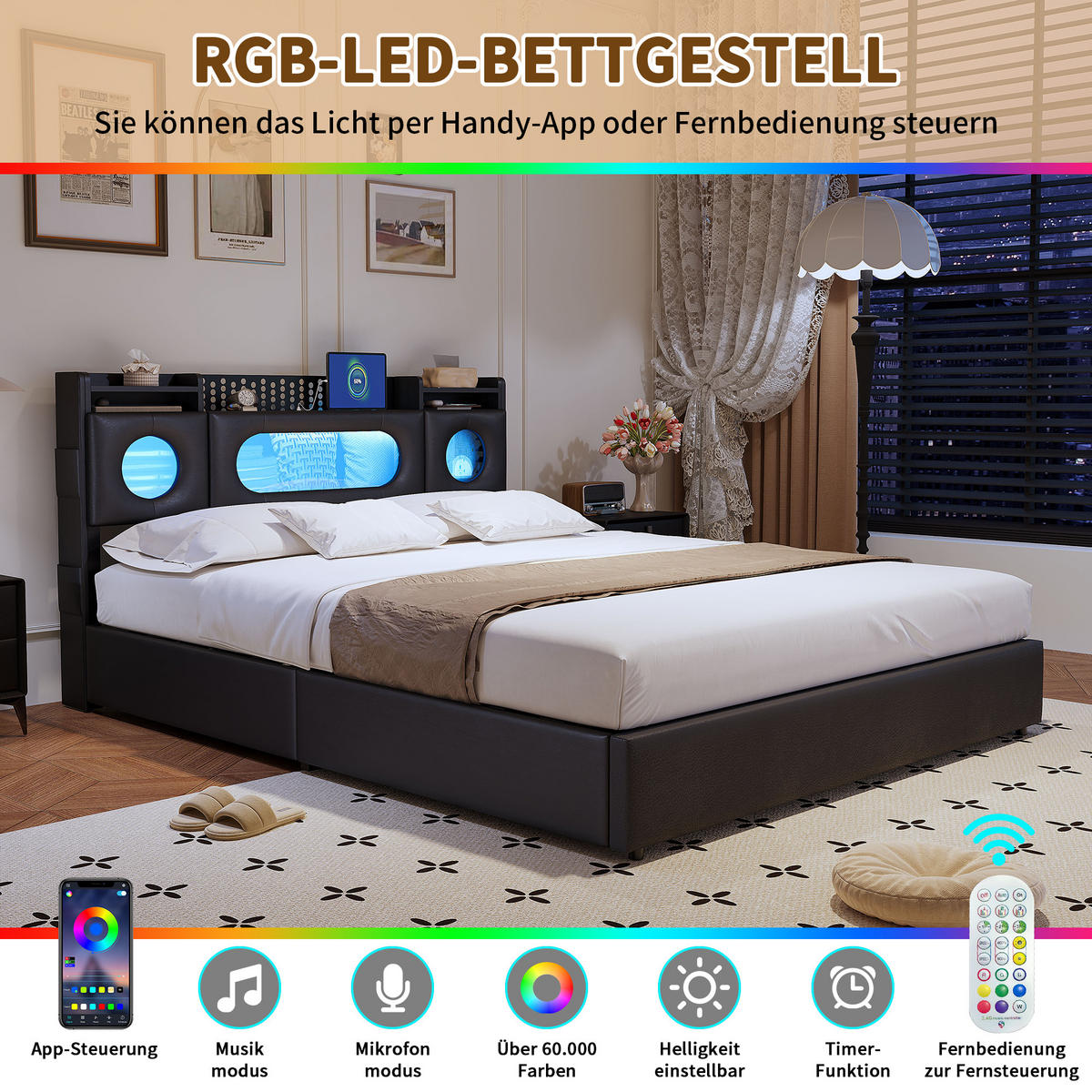 POLSTERBETT 140/200 cm Schwarz mit hydraulischem Stauraum, LED-Kopfteil mit Ablage und USB-Anschluss - Schwarz, Metall (140/200cm) - EuroLiving