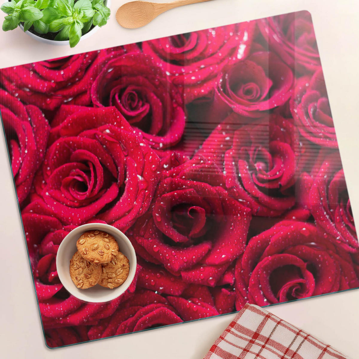 GLASPLATTE 60x52 cm Tropfen auf Rosen - Rot, Glas (60/0.4/52cm) - TULUP