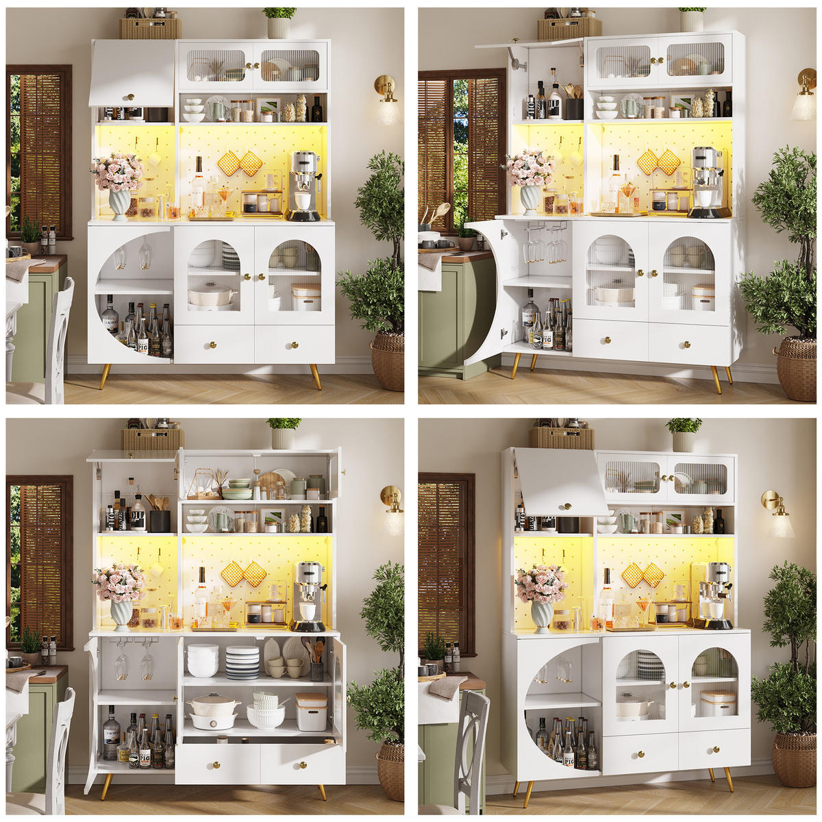 BUFFET LED App Steckdosen Pegboard Soft Close Weinregal halbrunde Türen modern - Goldfarben/Weiß, Glas/Holzwerkstoff (120/176/40cm) - EVRYAE