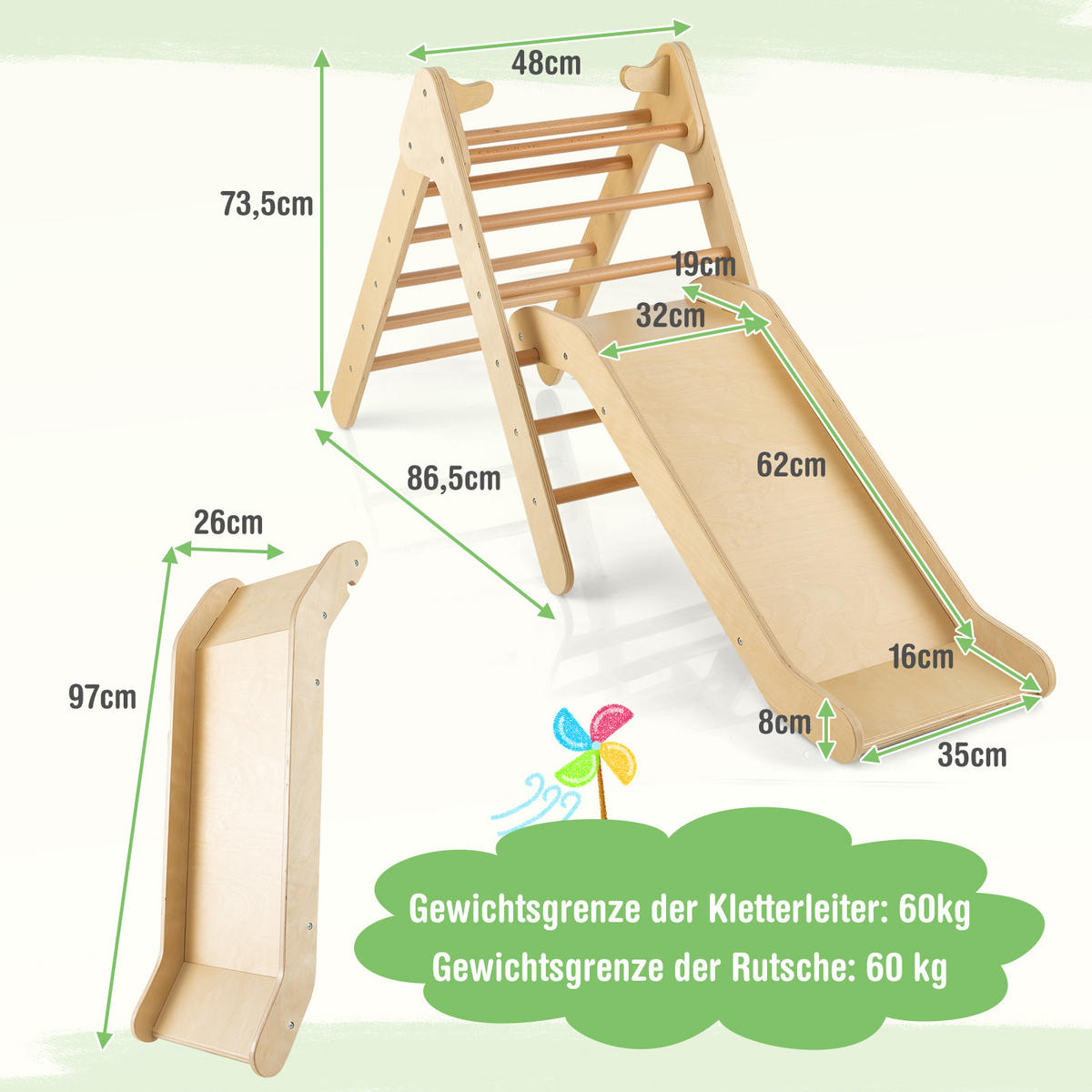 RUTSCHE kletterdreieck Holz - Naturfarben, Holz (87/74/48cm) - COSTWAY