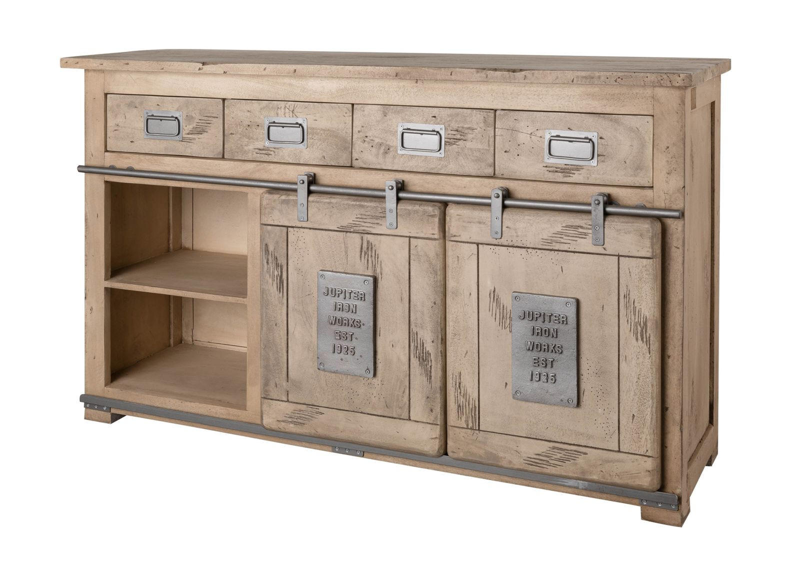 SIDEBOARD Mango 150x45x90 whitewash lackiert RAILWAY #319 - Beige, Holz (150/90/45cm) - Massivmoebel24