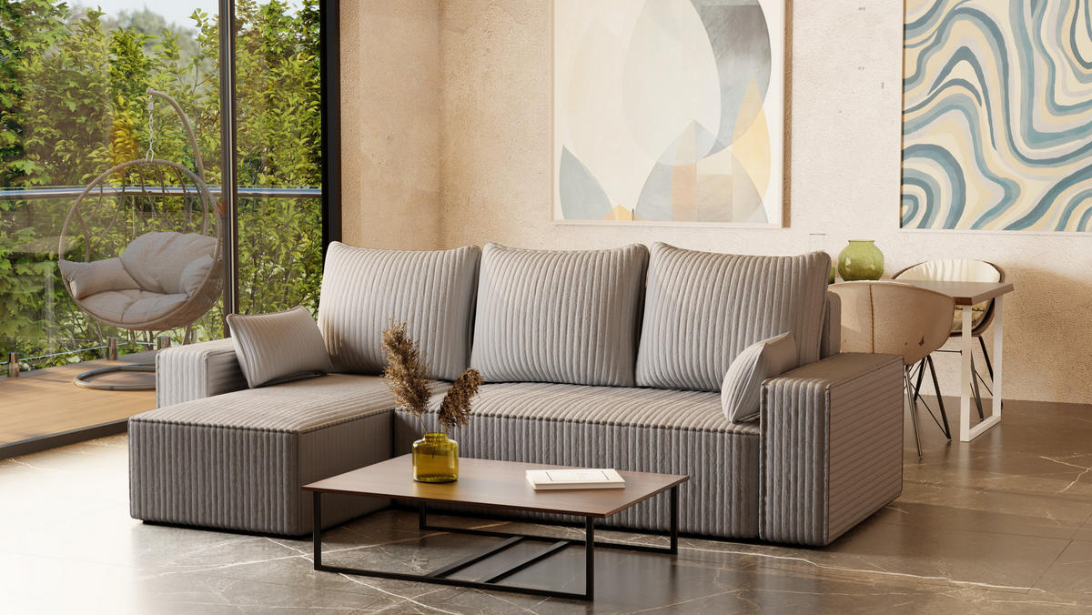 ECKSOFA Tobi mit Bettkasten und Schlaffunktion, L-Form/XL-Form, Cordstoff, Universal - Hellgrau, Holzwerkstoff (246/145cm) - 4ALL HOME