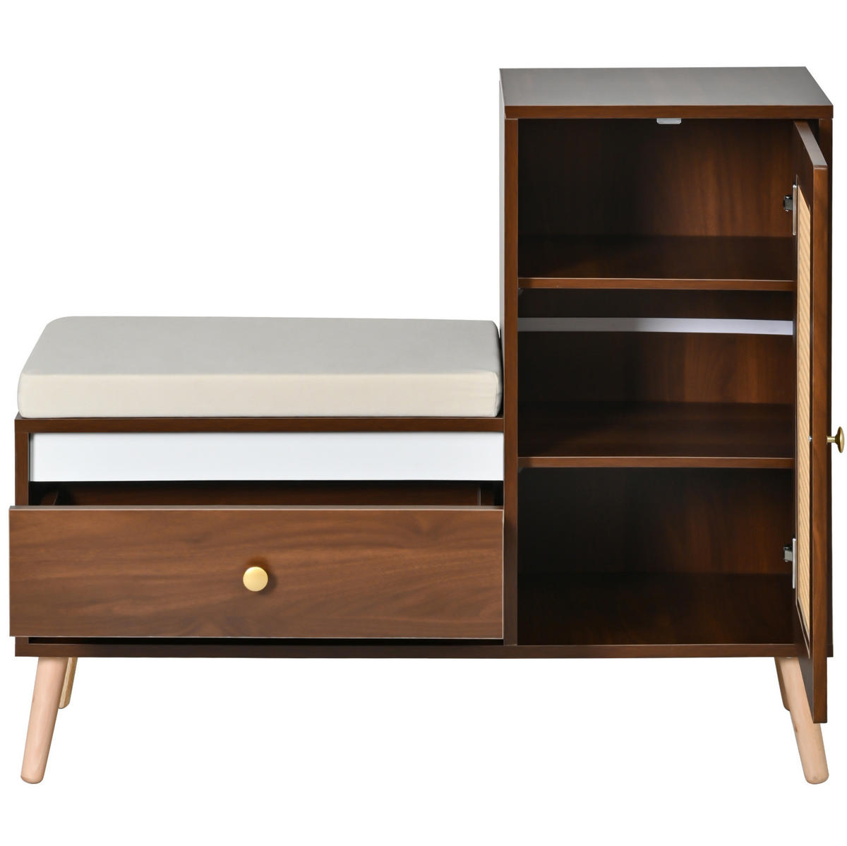 SCHUHBANK 95,5/35/80,5 cm mit Sitzkissen, Schubladen und Rattan-Optik - Naturfarben, Holzwerkstoff (95.5/80.5/35cm) - BEAOK