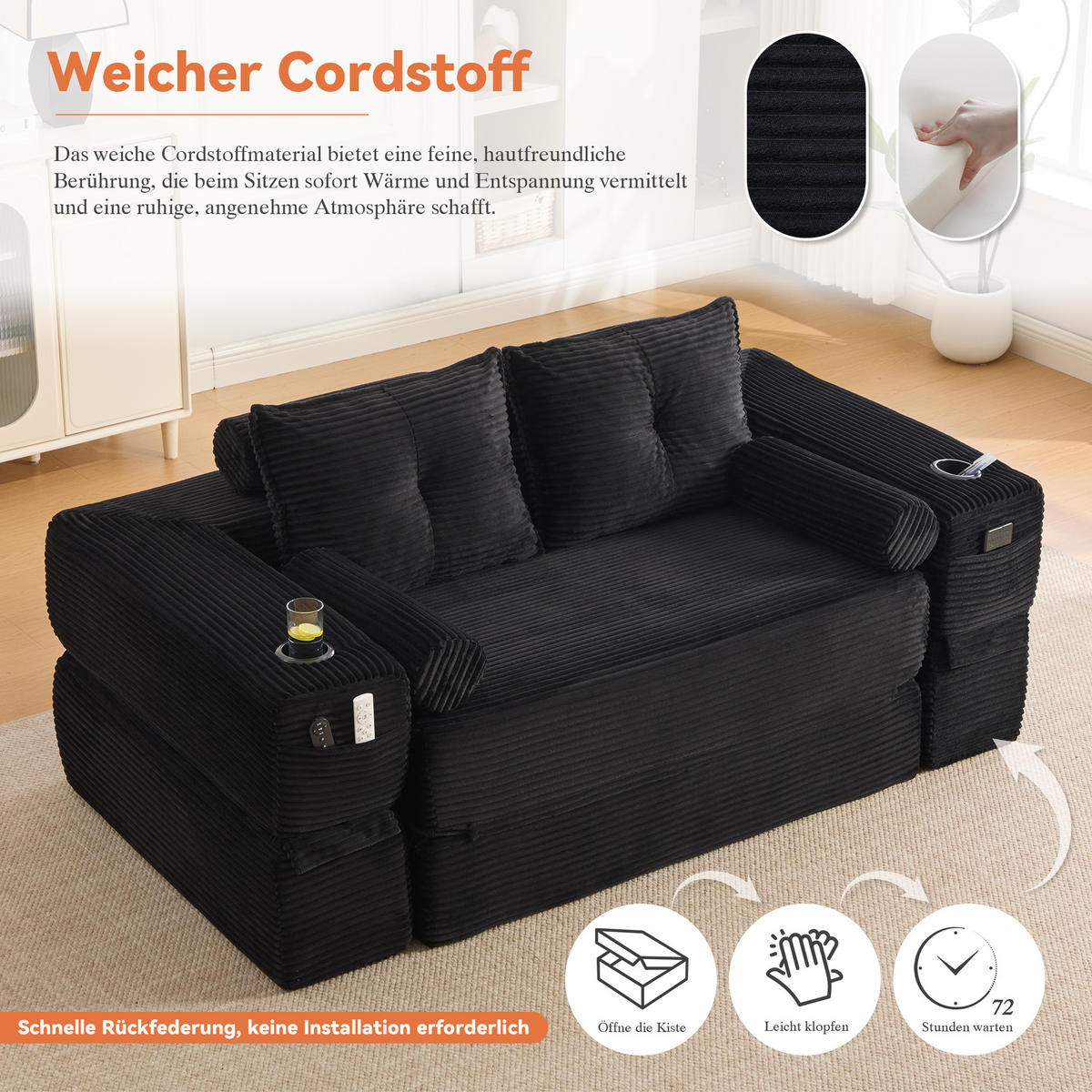 SCHLAFSOFA mit Cordbezug, Federkern, Memory-Kissen und Getränkehalter - Schwarz, Textil (180/80/98cm) - EVRYAE