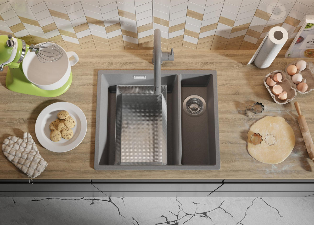 GRANITSPÜLE London Slim Duo, 2-er set Grau 56/47 cm 1,5 Becken + Küchenarmatur 38/14 cm + Ablauf-Set ab 60er Unterschrank - Chromfarben/Grau, Kunststoff (56/20/47cm) - Primagran