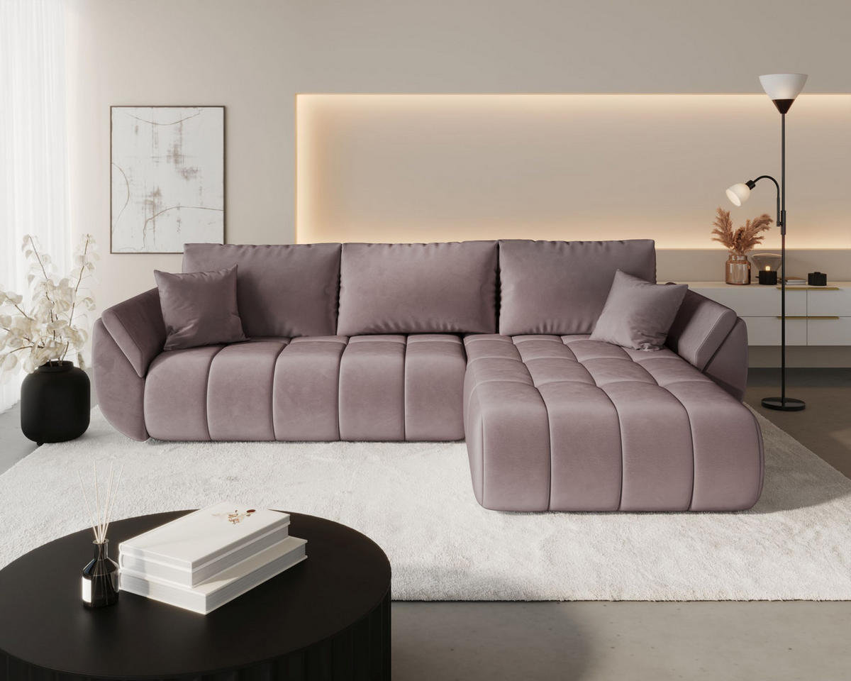 ECKSOFA SYDNEY PREMIUM rechts dunkelrosa Velours Monolith 62 - Schlaffunktion, Bettkasten - Pink, Textil (280/185cm) - Cornero