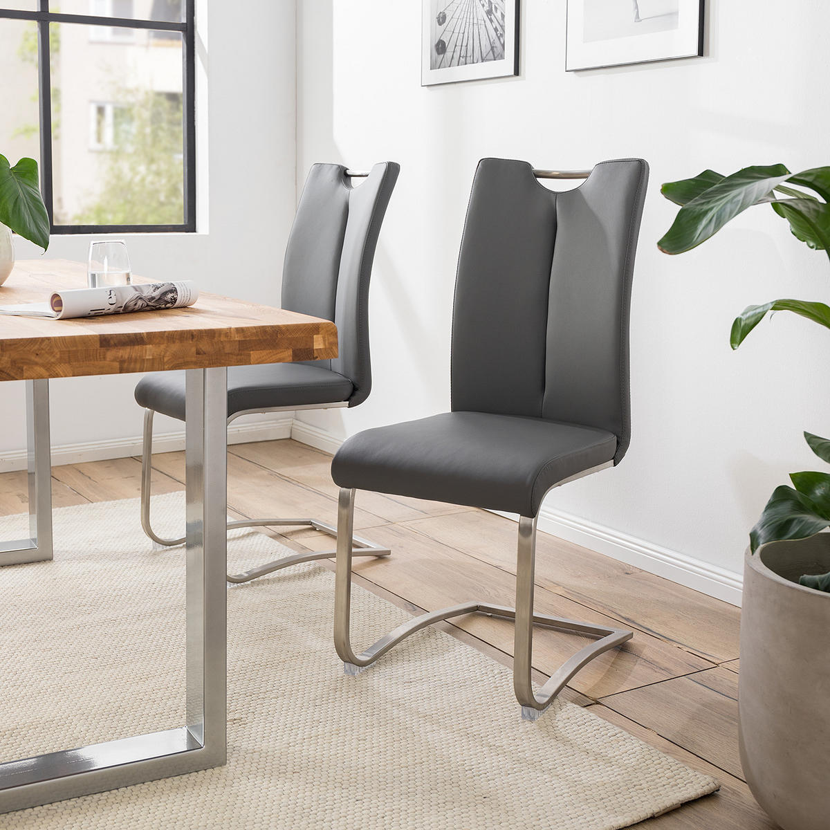 FREISCHWINGER - 2er-Set - Kunstleder / Edelstahl - Grau, Kunststoff/Metall (45/102/58cm) - home24