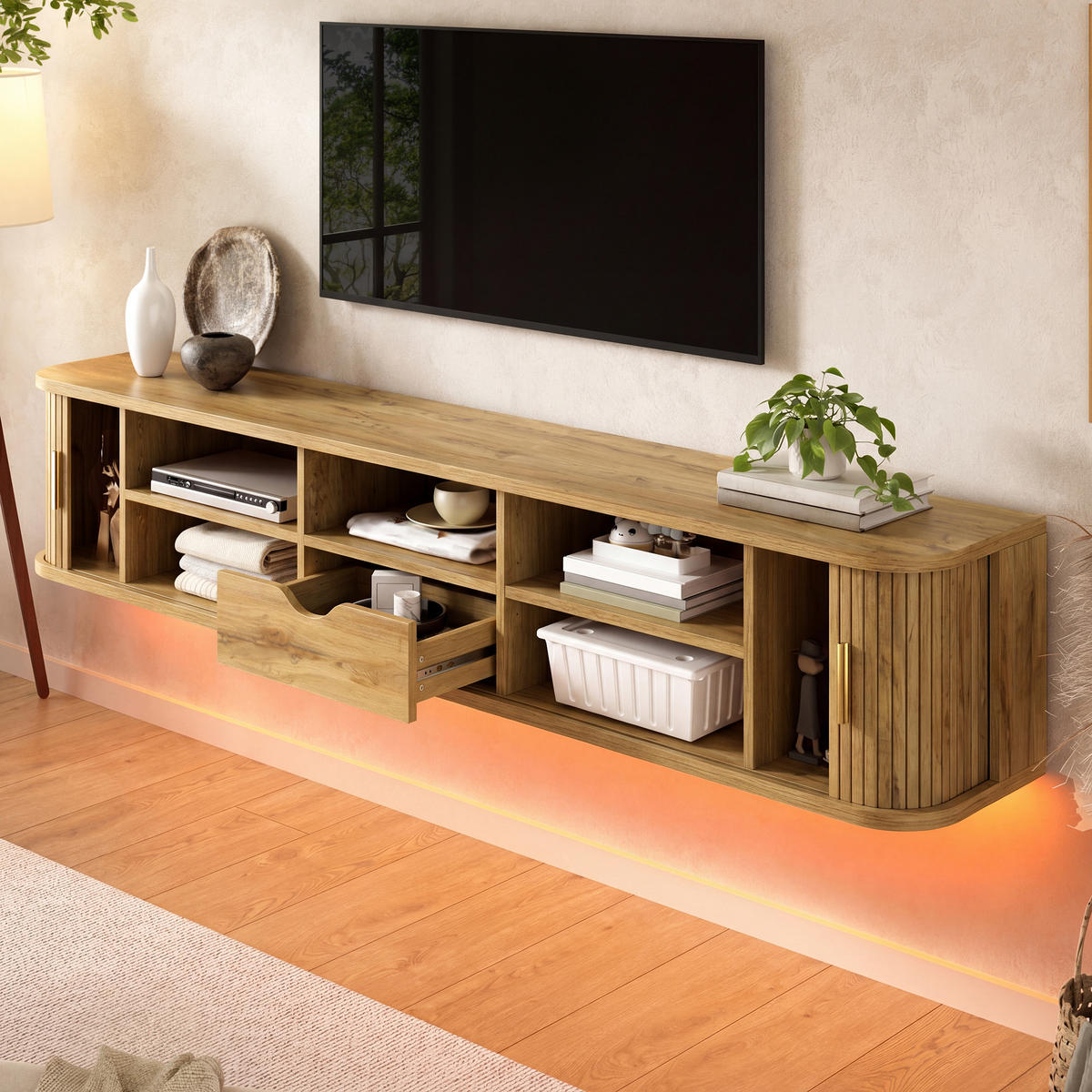 TV-BOARD Wandhängend MDF LED Rillenoptik Wohnzimmer - Naturfarben, Holzwerkstoff (175/30/30cm) - FLIEKS