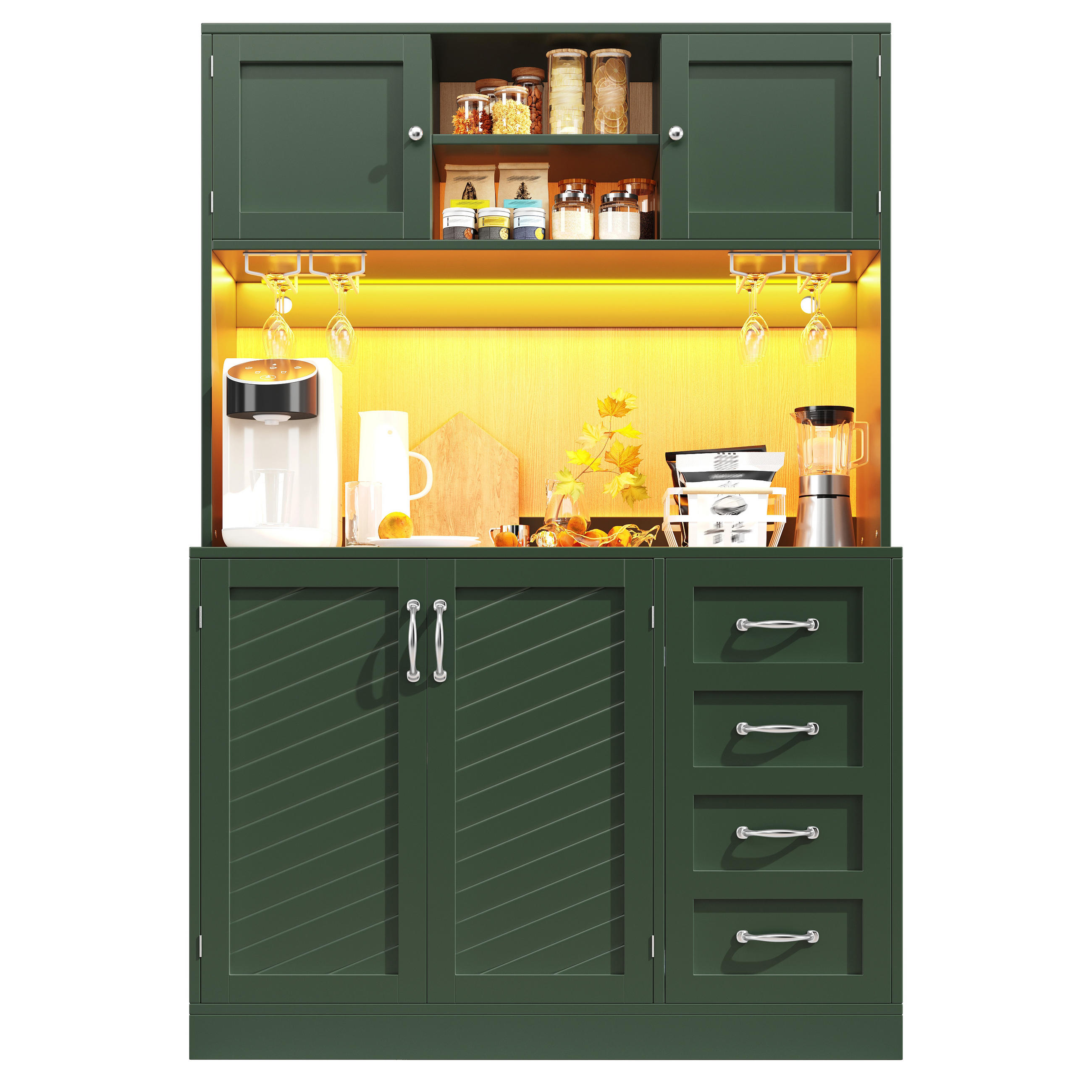 KÜCHENSCHRANK in Grün mit LED-Beleuchtung und Schubladen für Küche und Wohnzimmer, B120/T40/H188 cm - Grün, Holzwerkstoff/Metall (120/188/40cm) - STILVORA