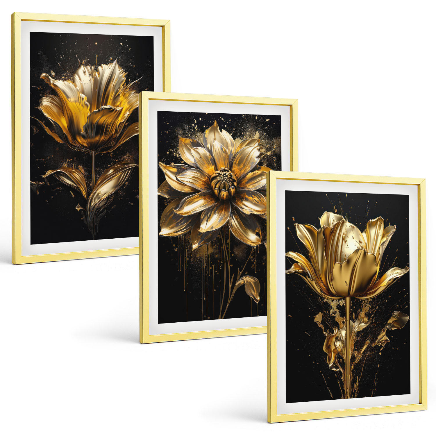 BILDER SET 3er Set - 40x60 cm Goldrahmen - Gelbe Blüten auf dunklem Hintergrund - Goldfarben, Kunststoff (40/60cm) - TULUP