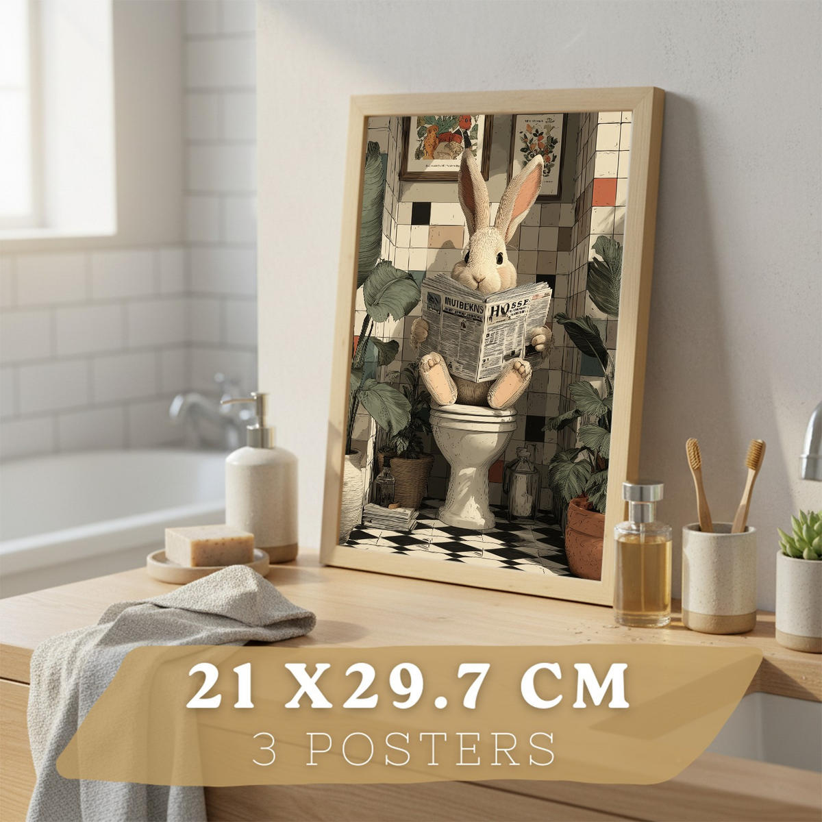 PLAKÁT Sada 3 obrazů zvířat v koupelně mývalů a králíků, Světlý dřevěný rám A4 - béžová, papír (29.7/21/3cm) - Nacnic