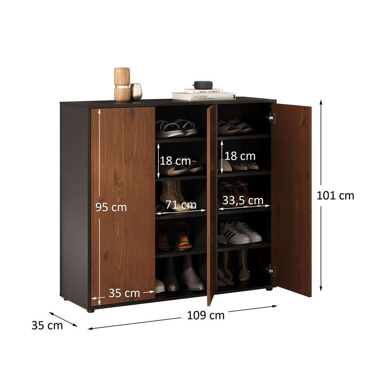 SCHUHSCHRANK MIRAN schwarz/Kastanie - Kastanienfarben/Schwarz, Holz (109/100/35cm) - IDIMEX