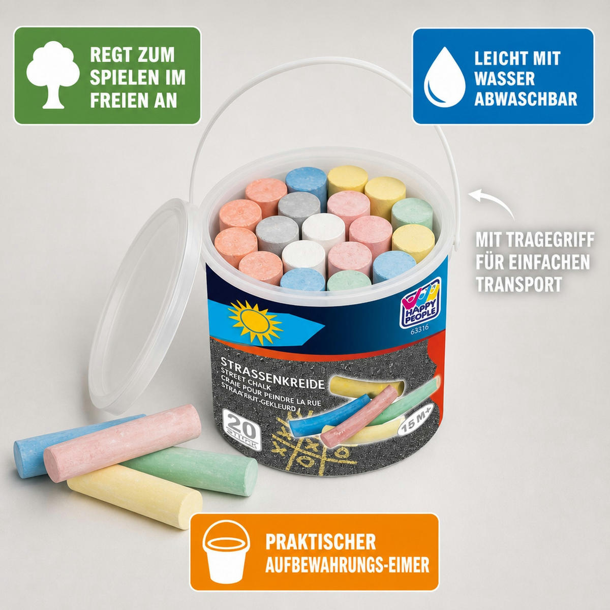 STRASSENKREIDE Eimer - Multicolor, Stein (12/12/12cm) - HappyPeople