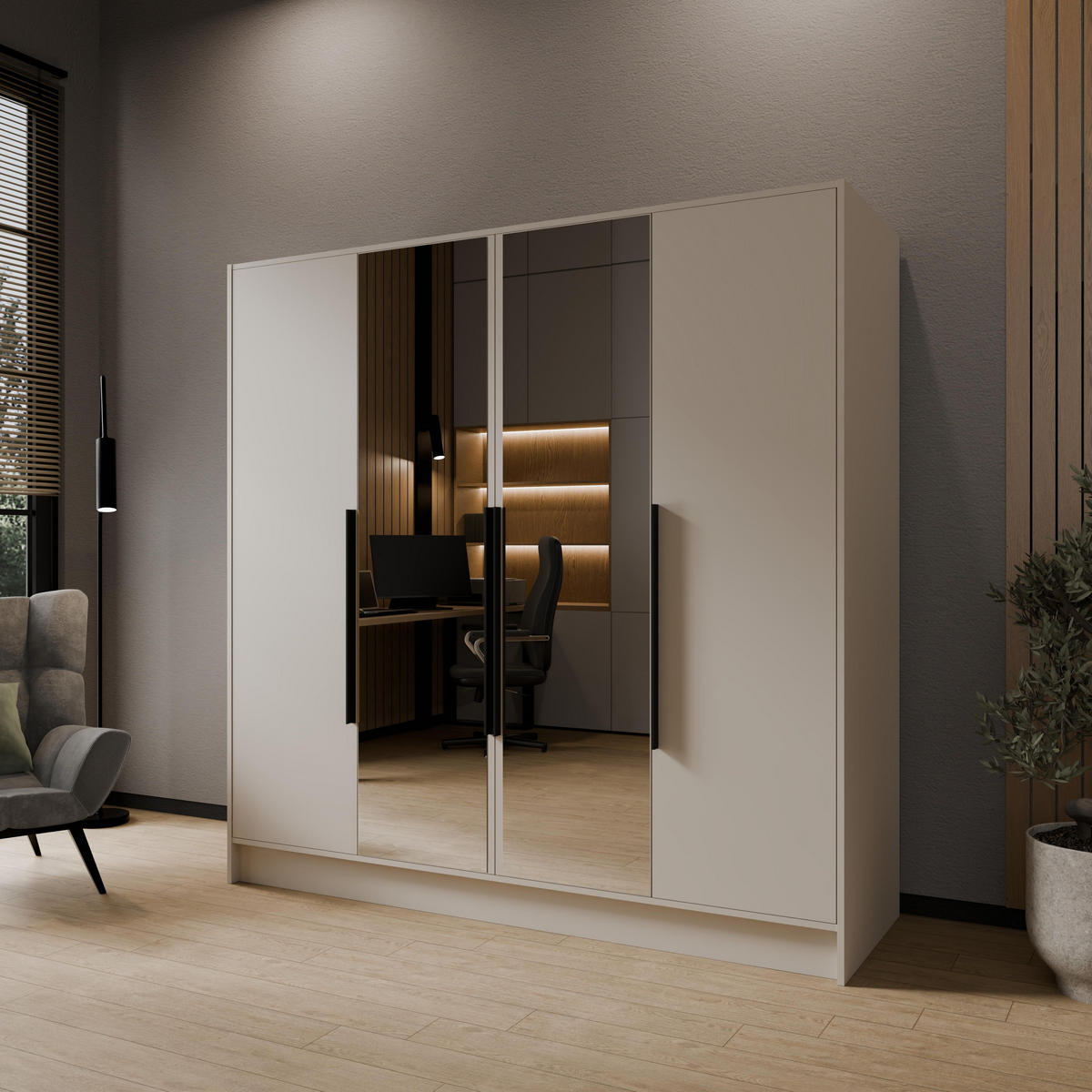 DREHTÜRENSCHRANK RENVO 200/200/51 cm Modern Kleiderschrank 4-türig mit Spiegel Kaschmir - Kaschmir, Holzwerkstoff (200/200/51cm) - MASSENO
