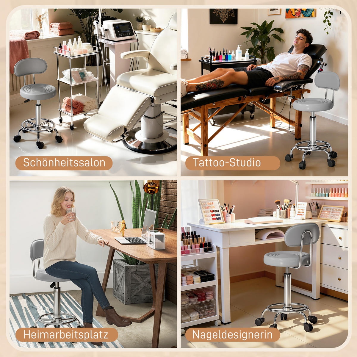 ROLLHOCKER höhenverstellbar Drehhocker Drehbar Salon Hocker mit Lehne, Rädern - Silberfarben/Grau, Kunststoff/Textil (32/86/40cm) - HOMCOM