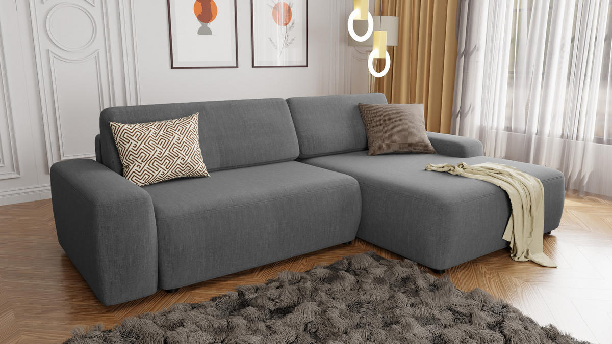 ECKSOFA Lopez Grau Samt-Stoff - Schwarz/Grau, Holz/Kunststoff (264/162cm) - S-Style Möbel