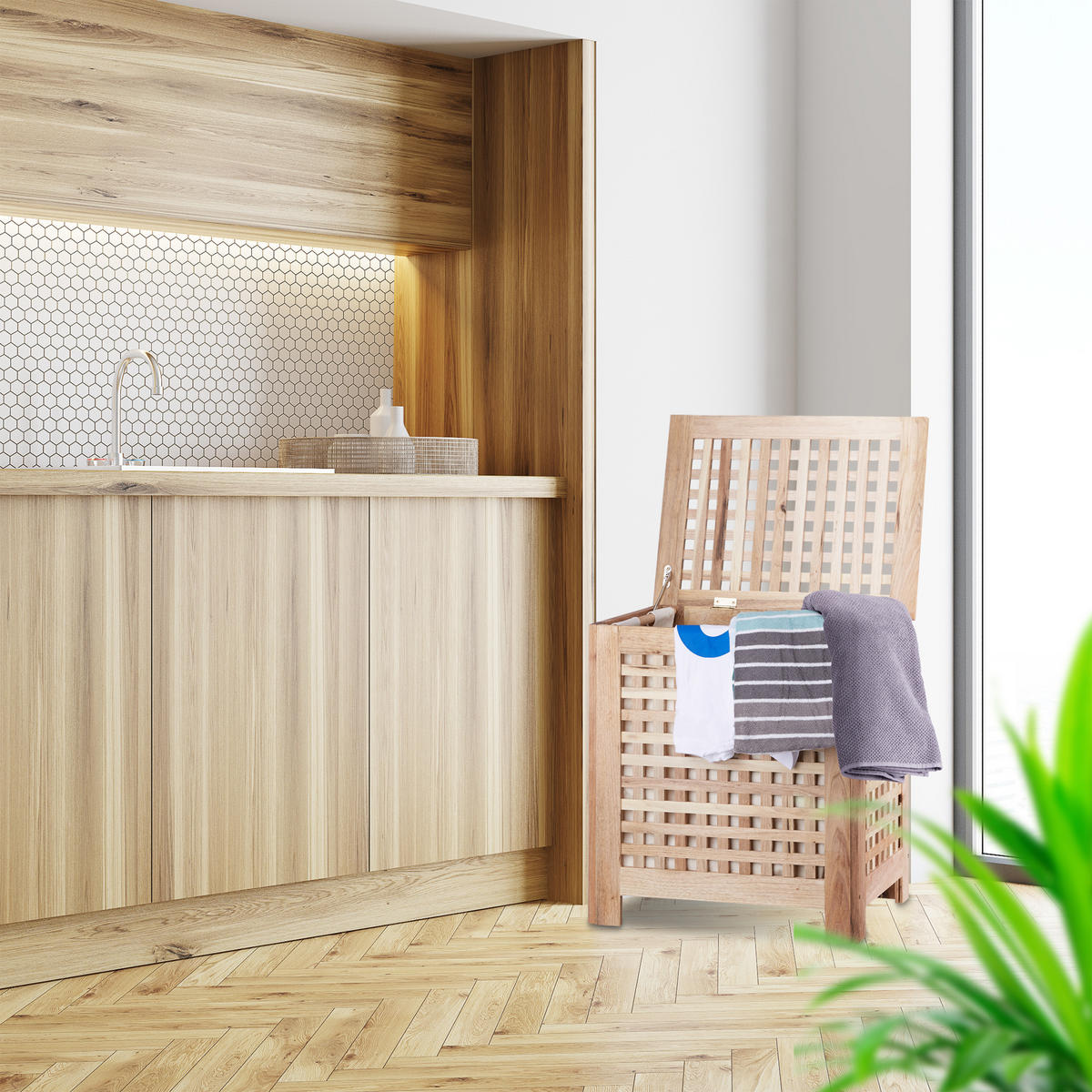 WÄSCHETRUHE - Hellbraun, Holz/Holzwerkstoff (52.5/55.5/39.5cm) - Relaxdays