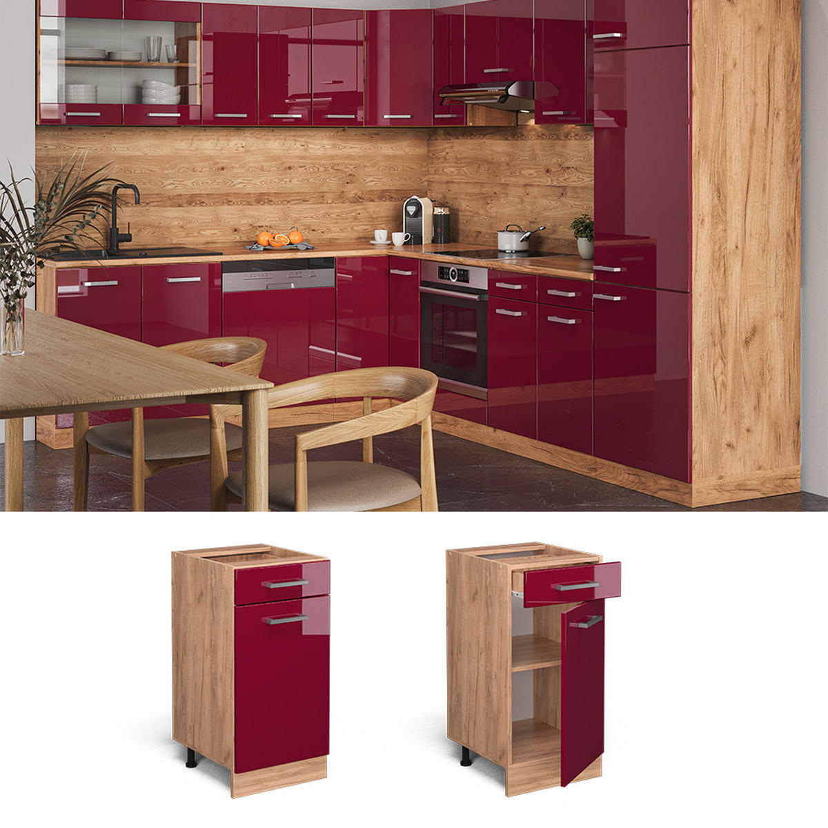 KÜCHENUNTERSCHRANK R-Line Bordeaux Hochglanz 40 cm AP Marmor - Bordeaux/Eiche Wotan, Holzwerkstoff (40/81.6/60cm) - Vicco