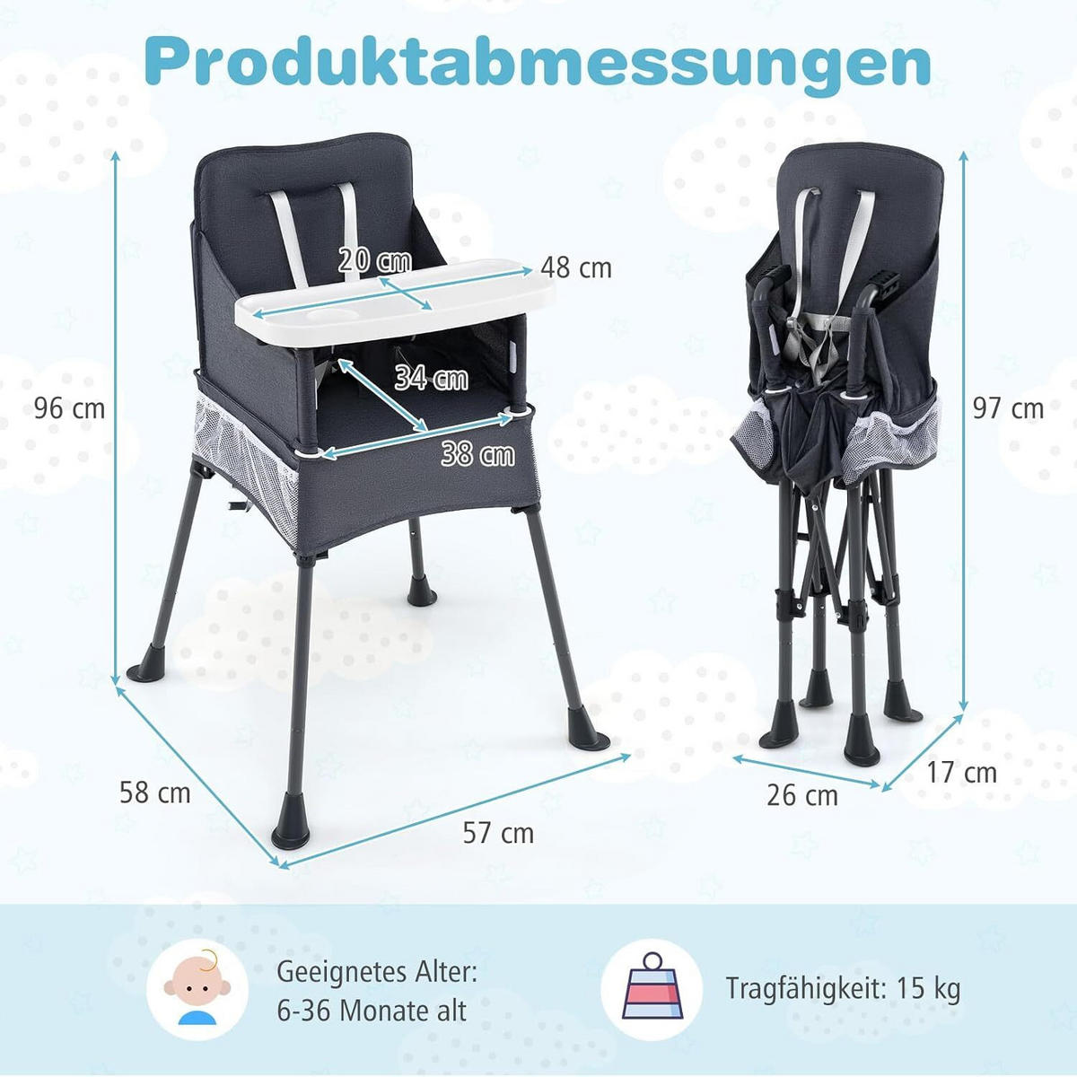 BABYHOCHSTUHL mit Tragetasche grau - Grau, Textil (58/96/57cm) - COSTWAY