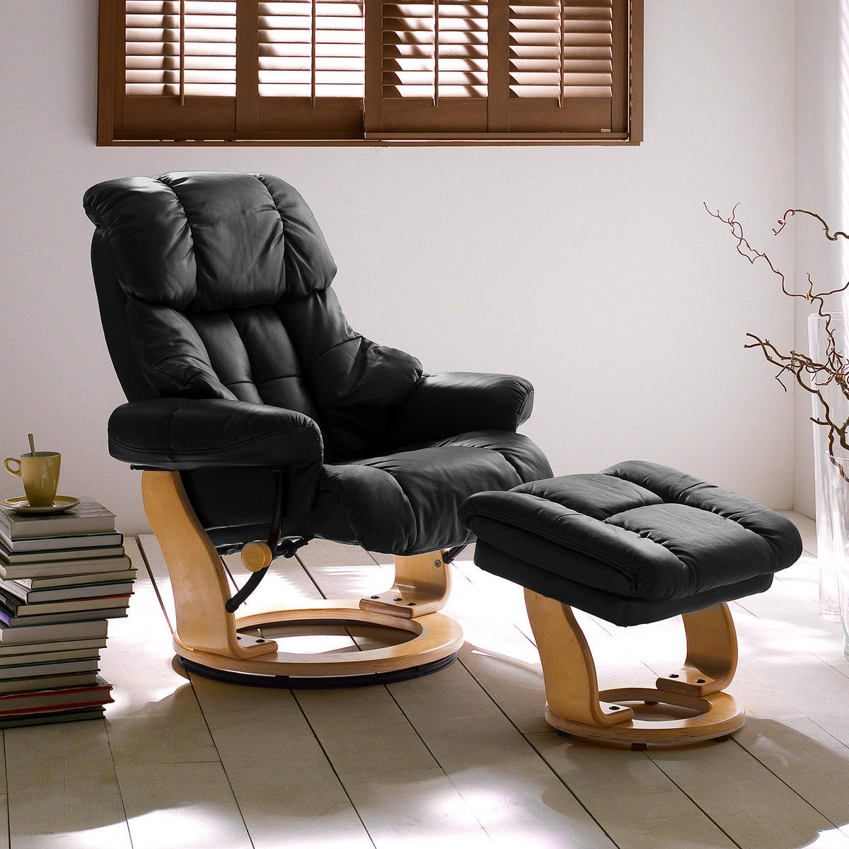 RELAXSESSEL - 2-teilig - Holzwerkstoff / Echtleder / Kunstleder - Schwarz, Leder/Birkenholz (90/104/91cm) - home24