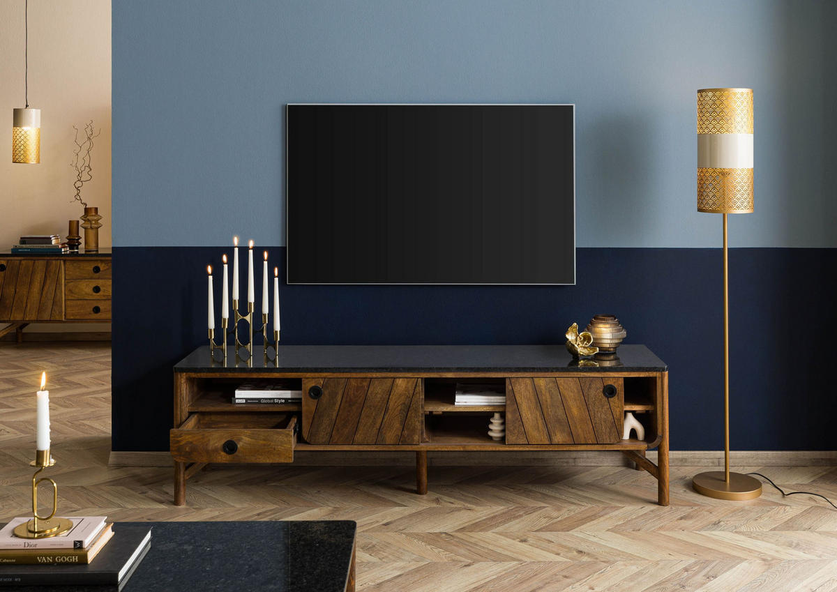 TV-BOARD Mango 180x45x50 braun geölt / dunkler Granit LOS ANGELES #102 - Braun, Holz (180/50/45cm) - Massivmoebel24