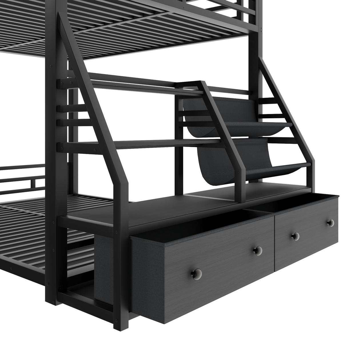 ETAGENBETT 140/200 cm in Schwarz mit 2 Schubladen, LED und Ablagen Metallbett - Schwarz, Holzwerkstoff/Metall (140/200cm) - STILVORA